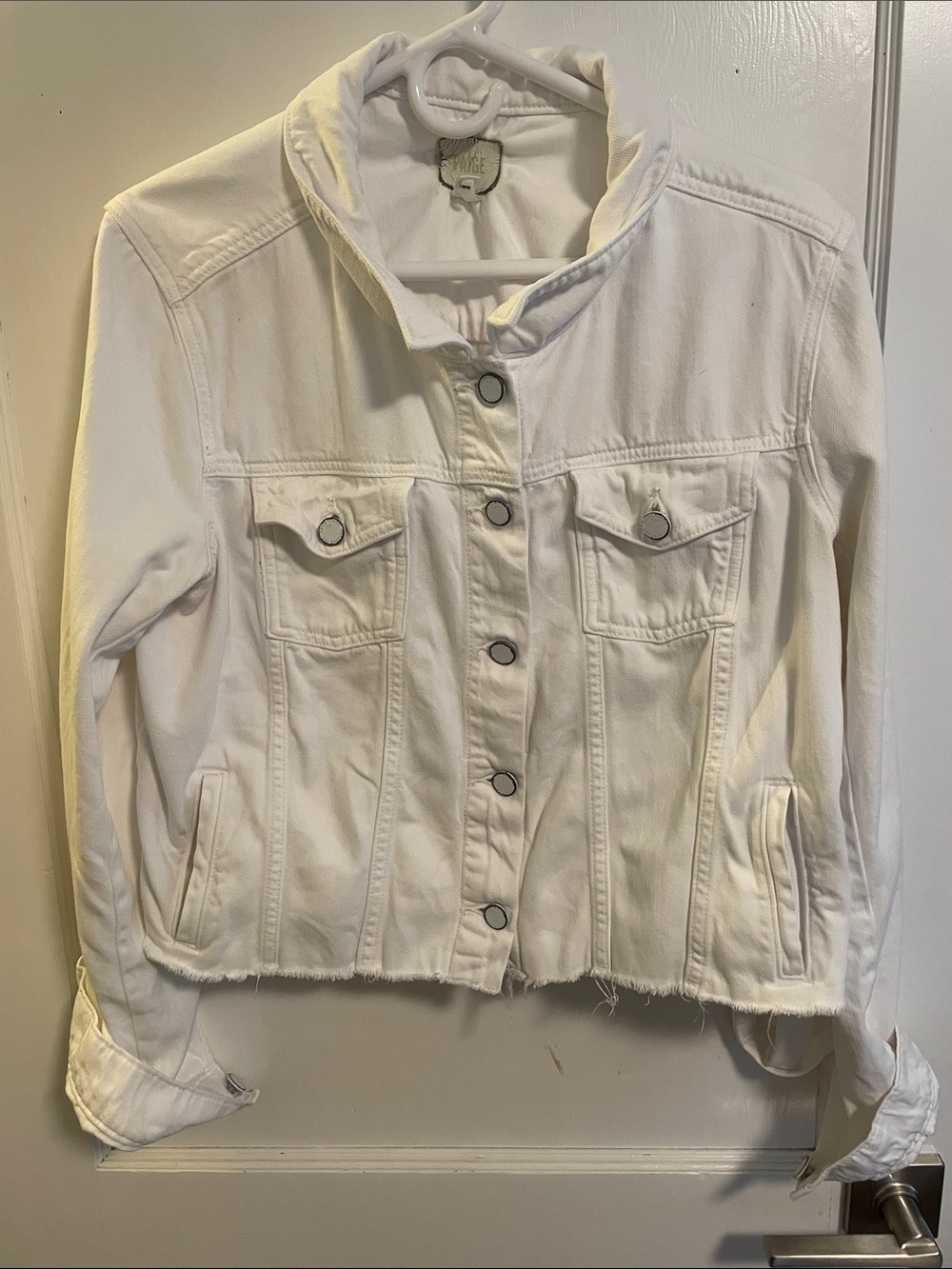 PAIGE Relaxed White Denim Button-Front Jacket with Raw Hem